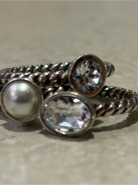 Brighton Silver-Tone Triple Ring with Pearl and Clear Stones